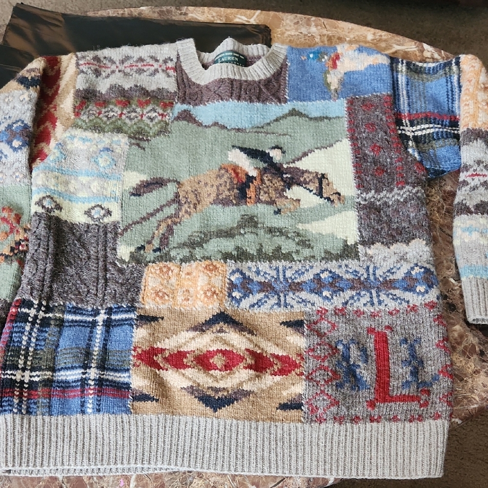 Vintage Ralph Lauren Equestrian Patchwork Wool Sweater